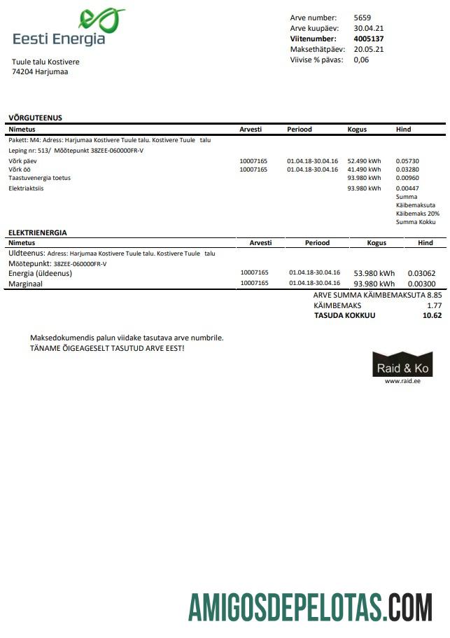 Para baixar modelo de conta de serviços públicos de eletricidade da Estônia Eesti Energia em formato Word e PDF